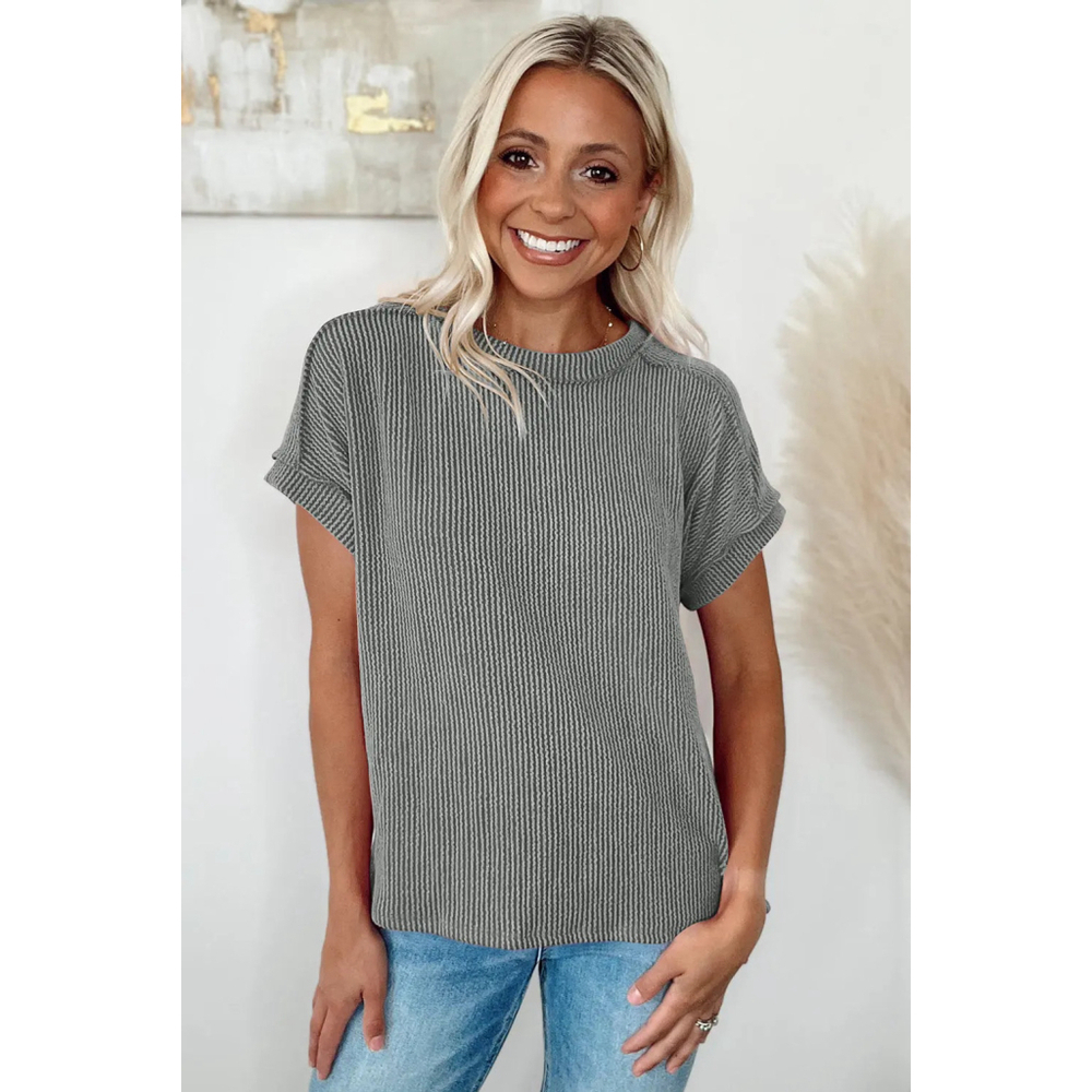 Medium green Grey Textured Knit Exposed Stitching T-shirt